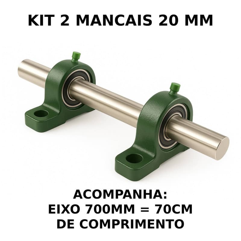 2 Mancal Pedestal P204 c/ Rolamento 20mm + Eixo 20mm X 700mm (2cm X 70cm) Kit Completo Robusto