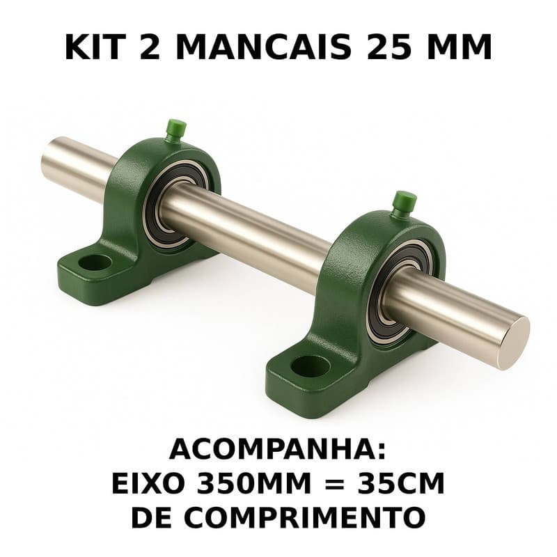 2 Mancal Pedestal P205 c/ Rolamento 25mm + Eixo 25mm X 350mm (2.5cm X 35cm) Kit Completo Robusto