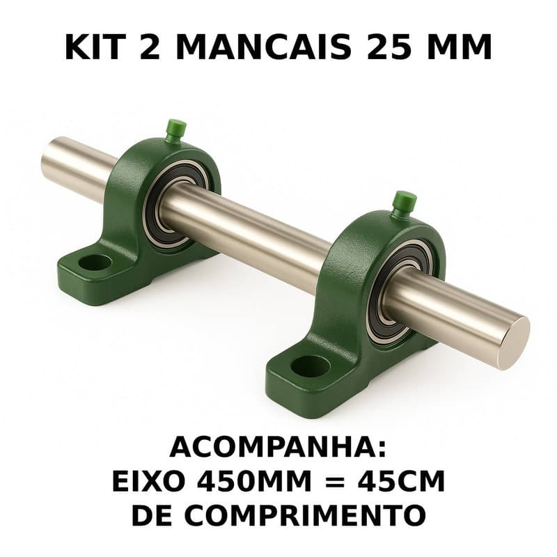 2 Mancal Pedestal P205 c/ Rolamento 25mm + Eixo 25mm X 450mm (2.5cm X 45cm) Kit Completo Robusto