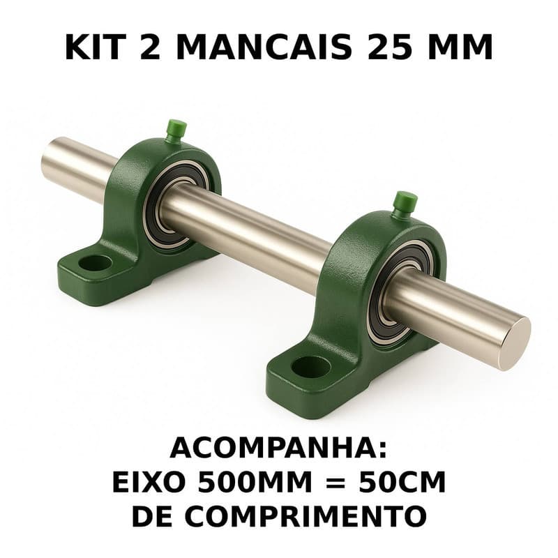 2 Mancal Pedestal P205 c/ Rolamento 25mm + Eixo 25mm X 500mm (2.5cm X 50cm) Kit Completo Robusto