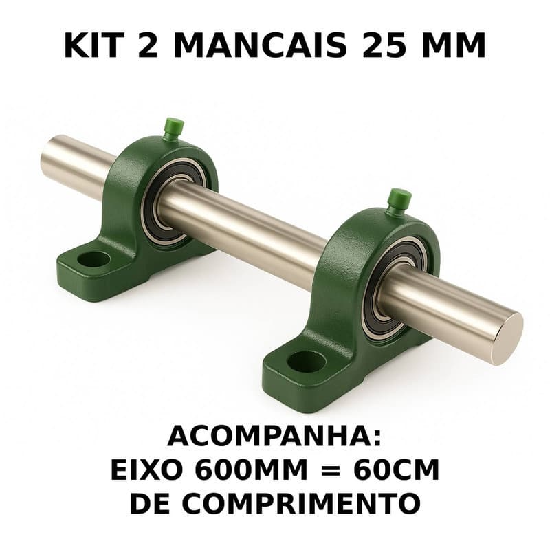 2 Mancal Pedestal P205 c/ Rolamento 25mm + Eixo 25mm X 600mm (2.5cm X 60cm) Kit Completo Robusto