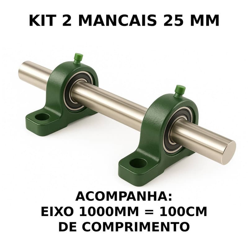 2 Mancal Pedestal P205 c/ Rolamento 25mm + Eixo 25mm X 1000mm (2.5cm X 100cm) Kit Completo Robusto