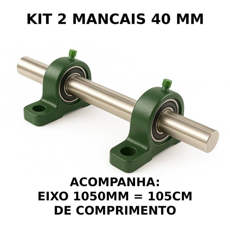 2 Mancal Pedestal P208 c/ Rolamento 40mm + Eixo 40mm X 1050mm (4cm X 105cm) Kit Completo Robusto
