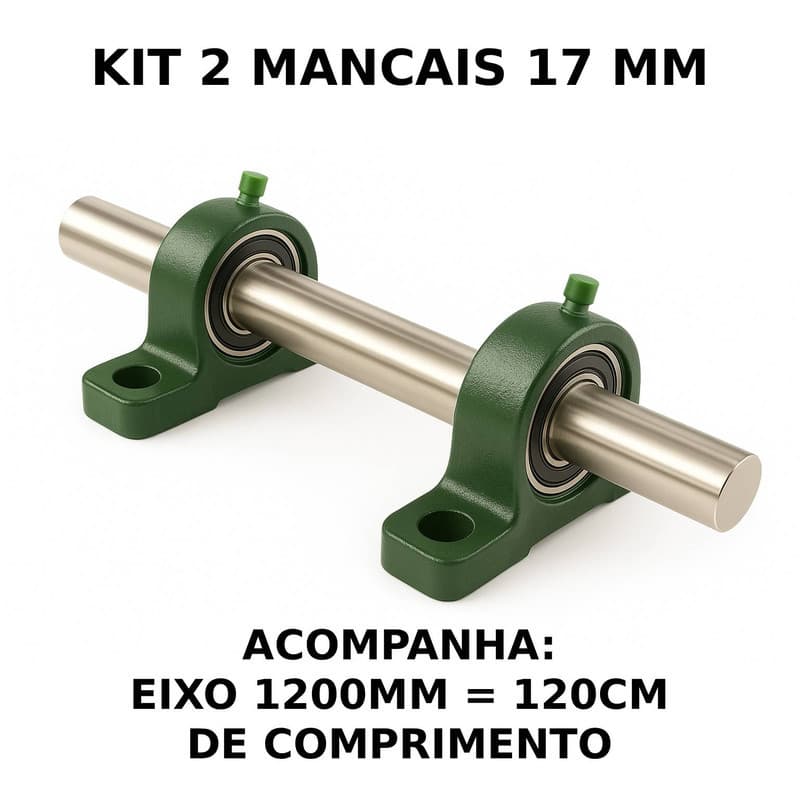 2 Mancal Pedestal P204 c/ Rolamento 17mm + Eixo 17mm X 1200mm (1.7cm X 120cm) Kit Completo Robusto