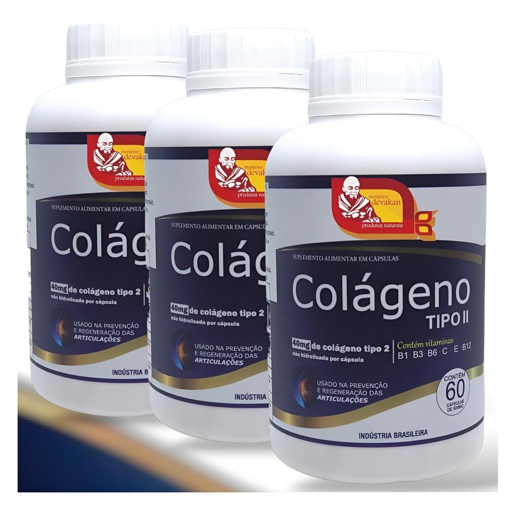 3 Colágeno Tipo 2 E Vitaminas 40 Mg 60 Cápsulas Suplemento Articulações Mobilidade