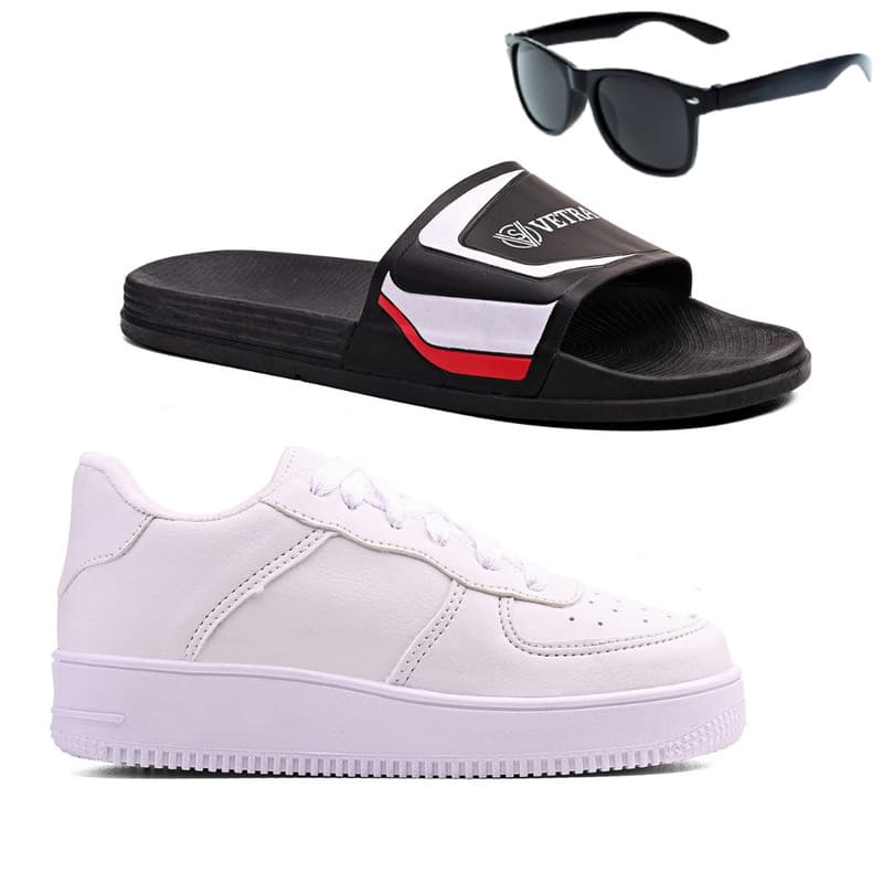 Kit de Calçados Infantil para Meninas e Meninos: Tênis Confortável Unissex + Chinelo Slide + Óculos Escuros