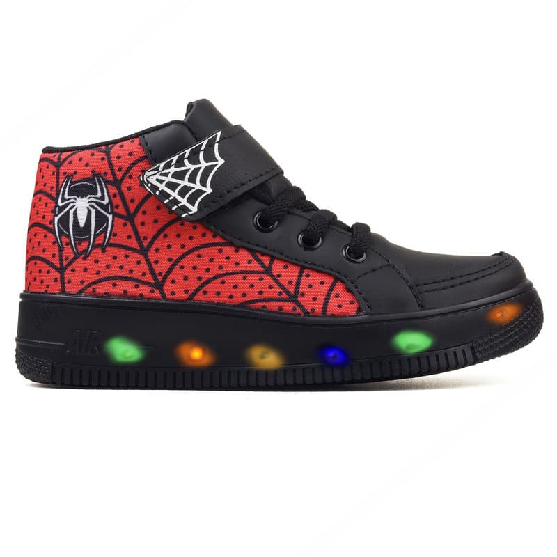 Tenis Botinha de Led Meninos Cano Alto Aranha Confortavel Divertido Ajuste Facil