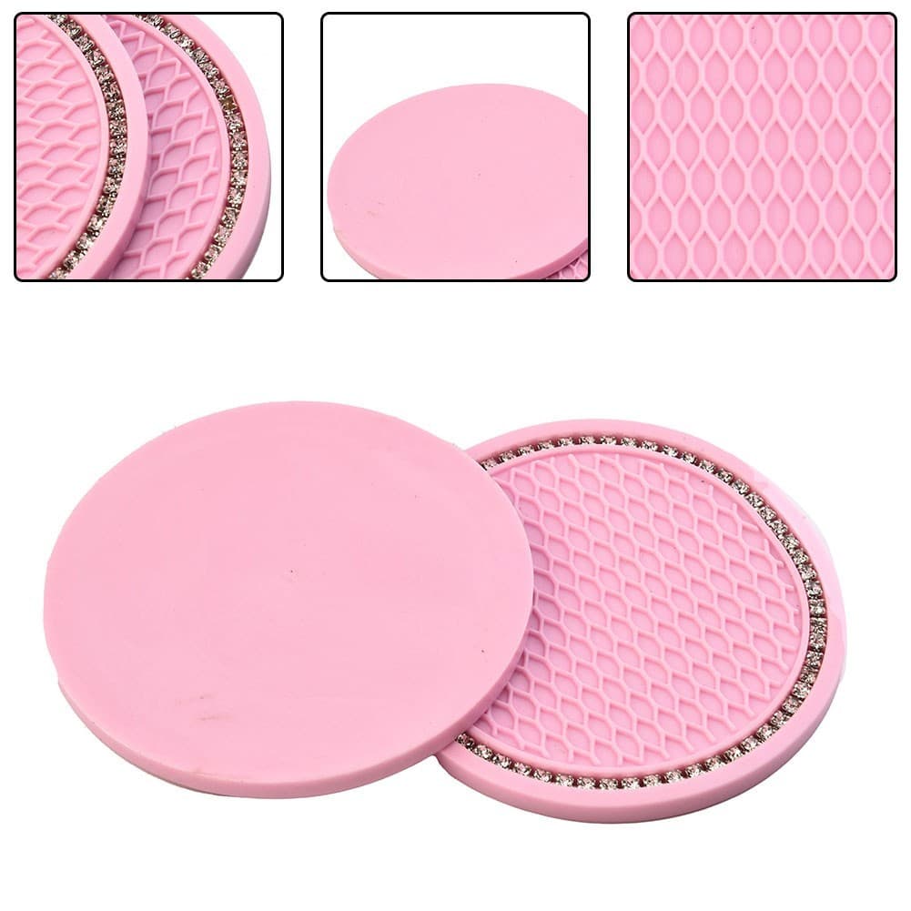 [Smartchoice Hot] 2x Porta-Copos De Carro Almofada Rosa Tapete Strass Acessórios Interiores Automotivos 7 Cm