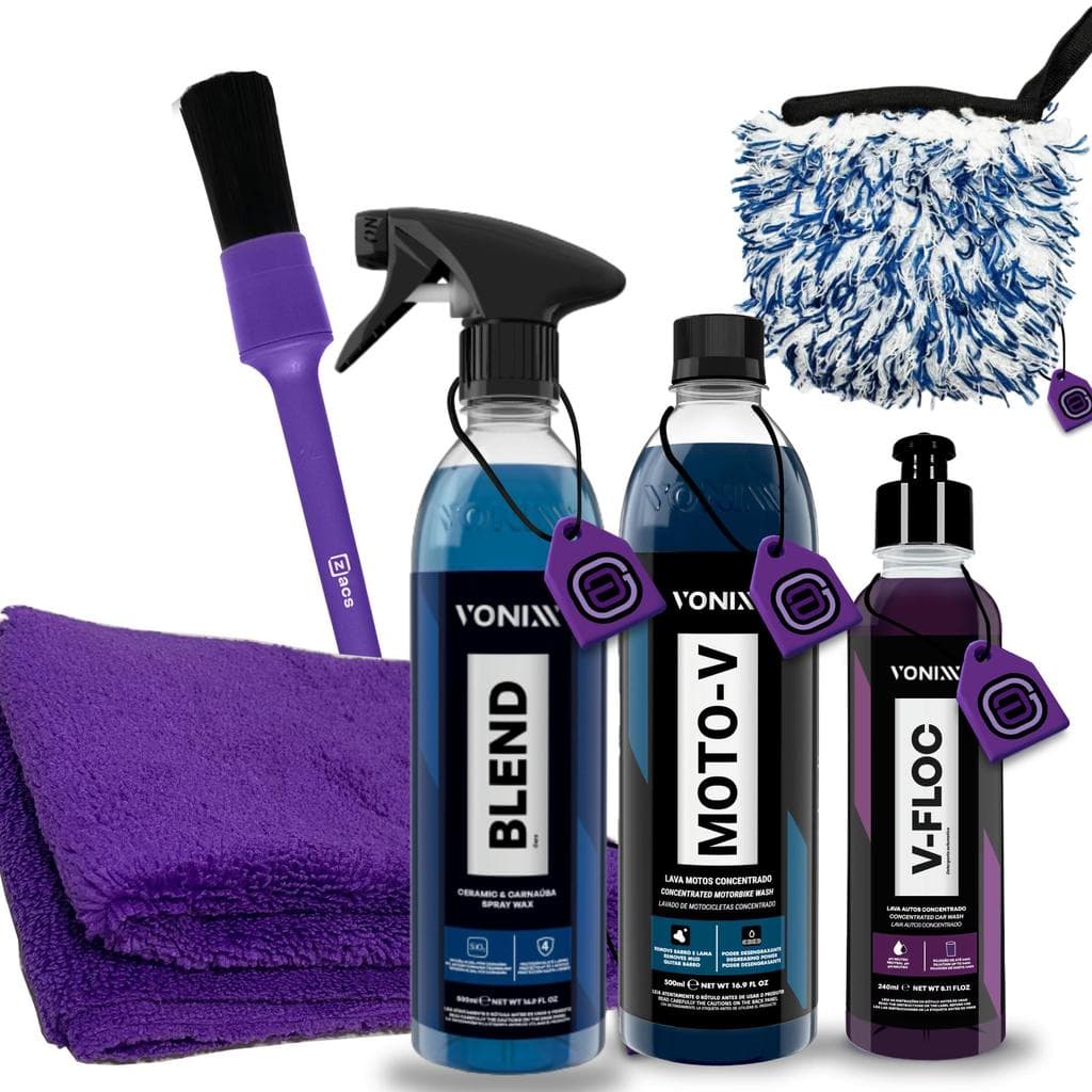Kit Moto Vonixx: Moto‑V 500mL, V‑Floc 240mL, Blend Spray 500mL + acessórios