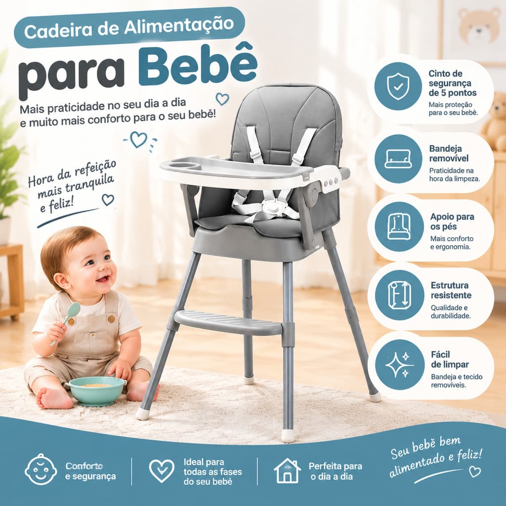 Cadeira Bebê Comer Cadeira de Alimentação Cadeirão com Bandeja Removível, Cinto de Segurança e Apoio para os Pés