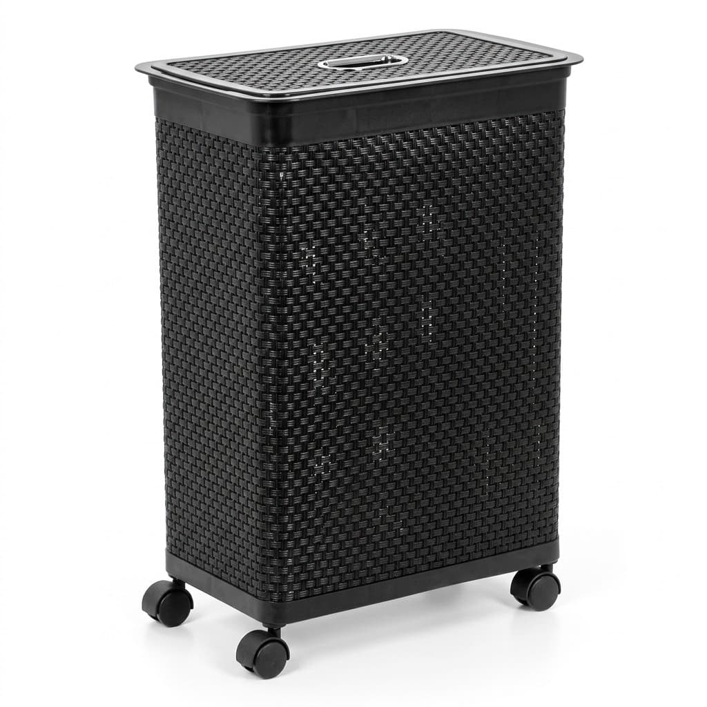 Cesto Organizador Rattan 50L Preto com Rodas e Tampa Niquelart Roupeiro Lavanderia Banheiro