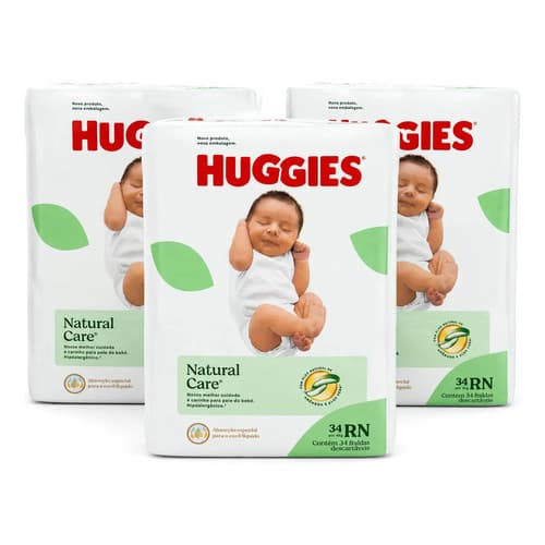 Kit 3 Fraldas Huggies Natural Care Rn 34 Un Original Nf Recém-nascido (rn) Sem Gênero Lacrado Pronta Entrega Descartável
