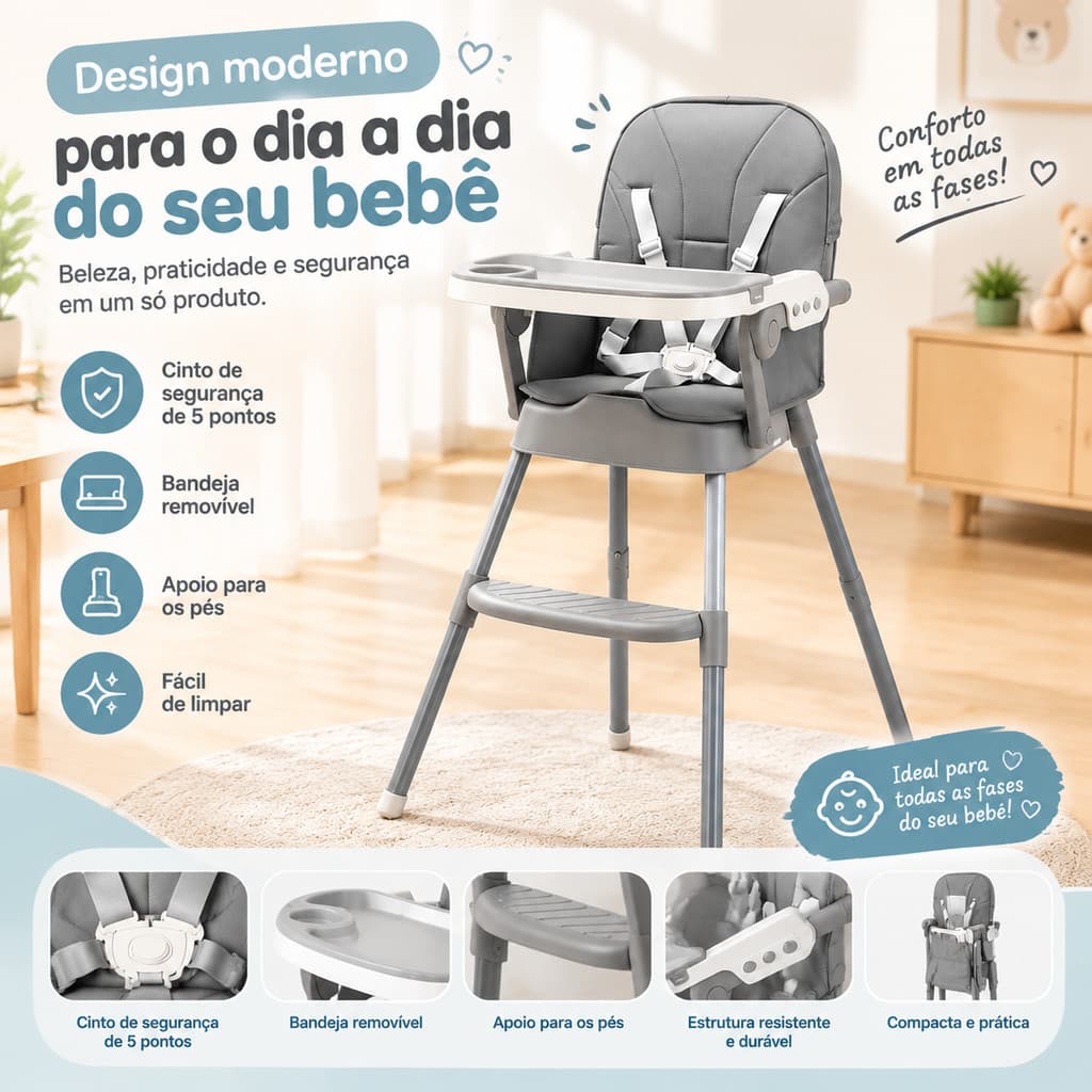 Cadeira Infantil para Alimentação Bebê Cadeirão com Bandeja Removível, Cinto de Segurança e Estrutura Resistente