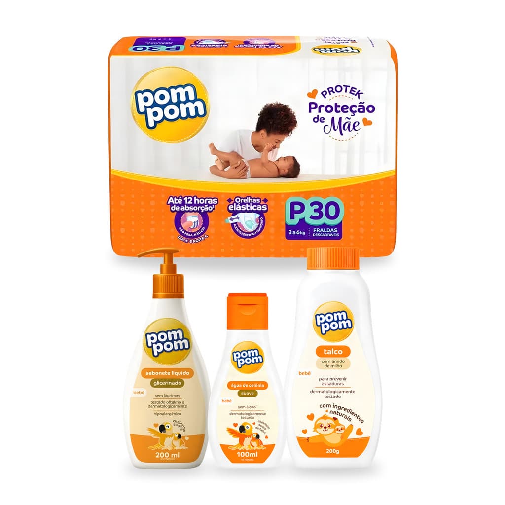 Kit Bebê Fralda Descartável Pom Pom + Sabonete Líquido + Talco + Água de Colônia Recém Nascido Enxoval Maternidade