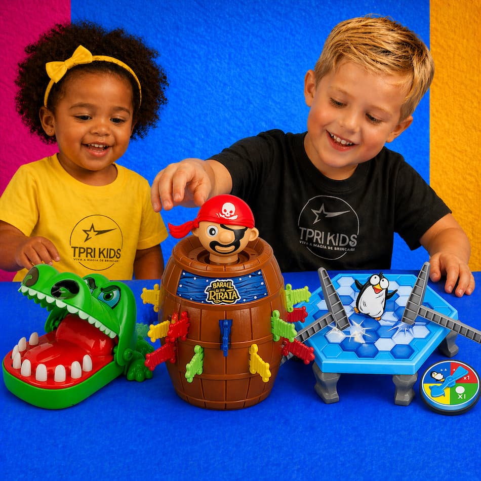 Kit 3 Jogos Brinquedo Infantil Educativo Crocodilo Morde Dedo + Pinguim Quebra Gelo + Pula Pirata
