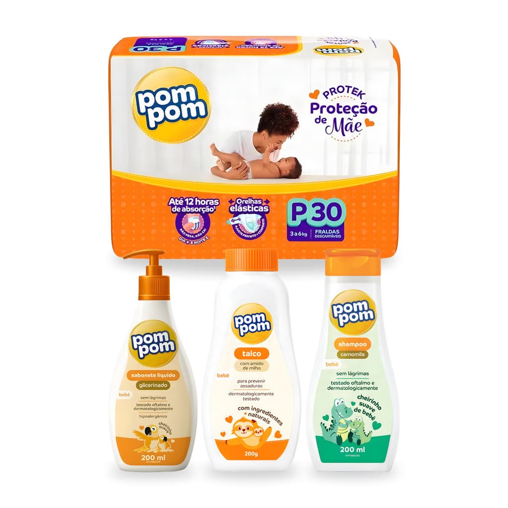 Kit Bebê Fralda Descartável Pom Pom + Sabonete Líquido + Talco + Shampoo Recém Nascido Enxoval Maternidade