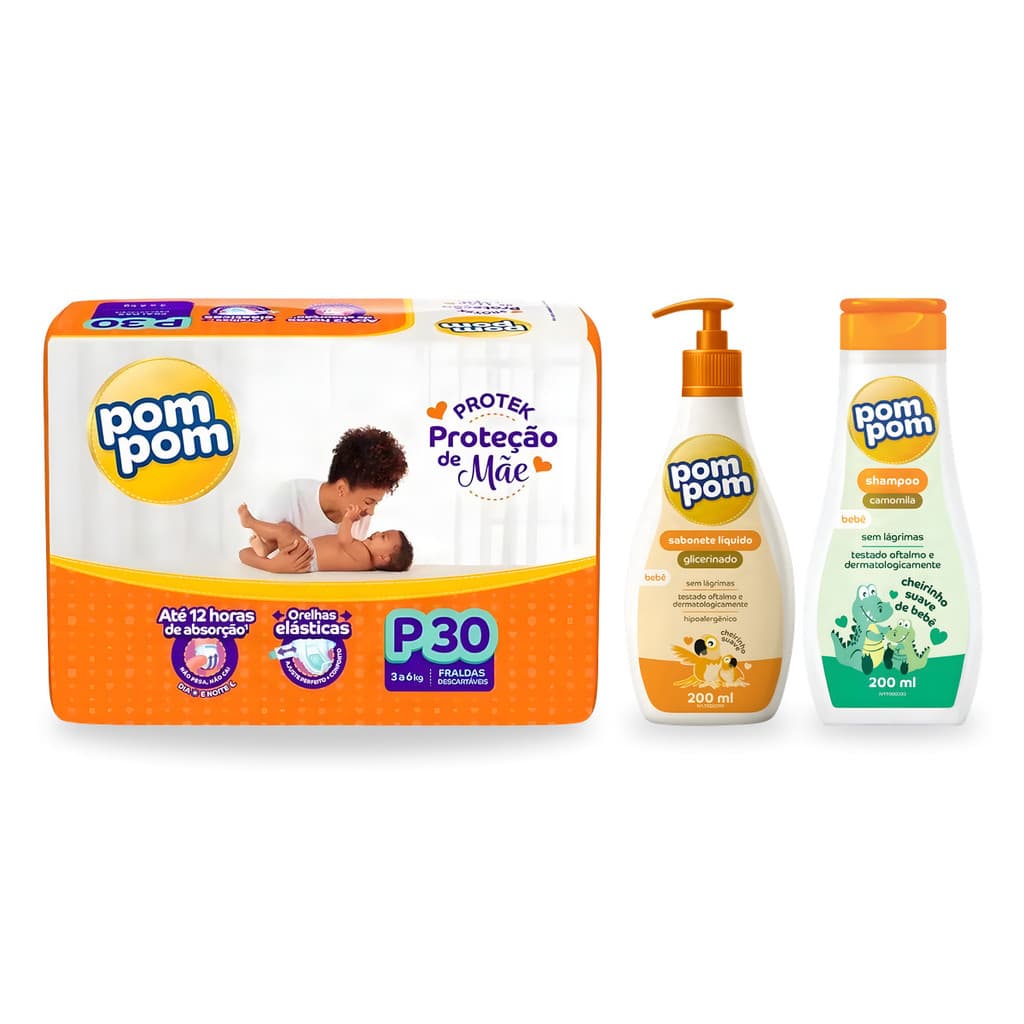 Kit Bebê Fralda Descartável Pom Pom + Sabonete Líquido + Shampoo Recém Nascido Enxoval Maternidade