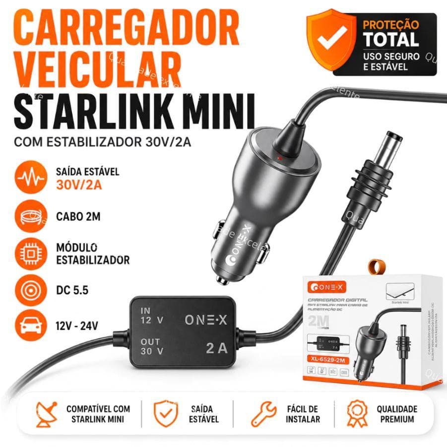 Carregador Veicular Conversor 12/24V para 30V 2A Compatível Starlink Mini Cabo 2M / 3M