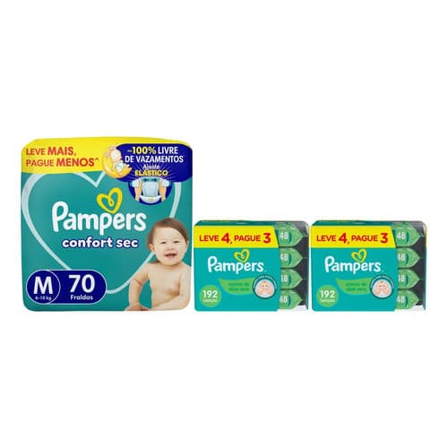 Kit Pampers Confort Sec Fralda M G Xg Xxg E Lenço Umedecido Médio (m) Sem Gênero