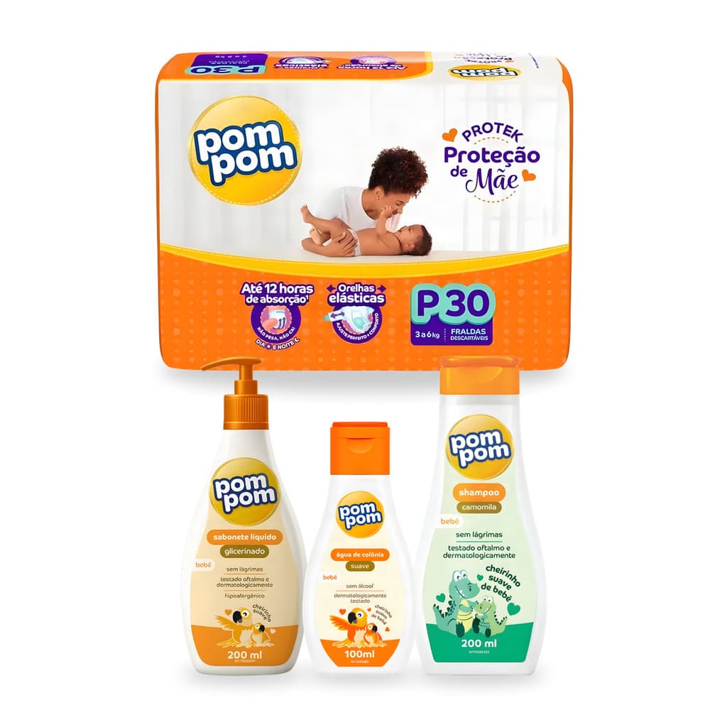 Kit Bebê Fralda Descartável Pom Pom + Sabonete Líquido + Shampoo + Água de Colônia Recém Nascido Enxoval Maternidade