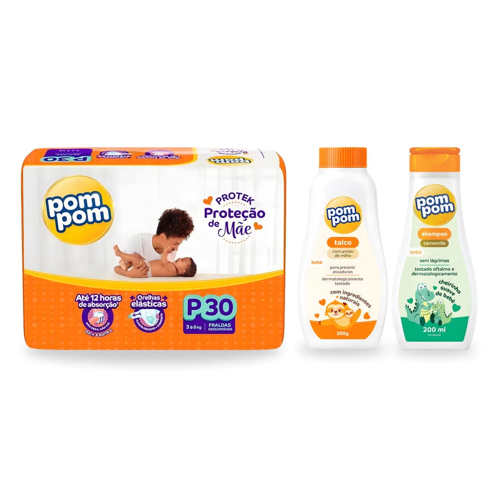 Kit Bebê Fralda Descartável Pom Pom + Talco + Shampoo Recém Nascido Enxoval Maternidade