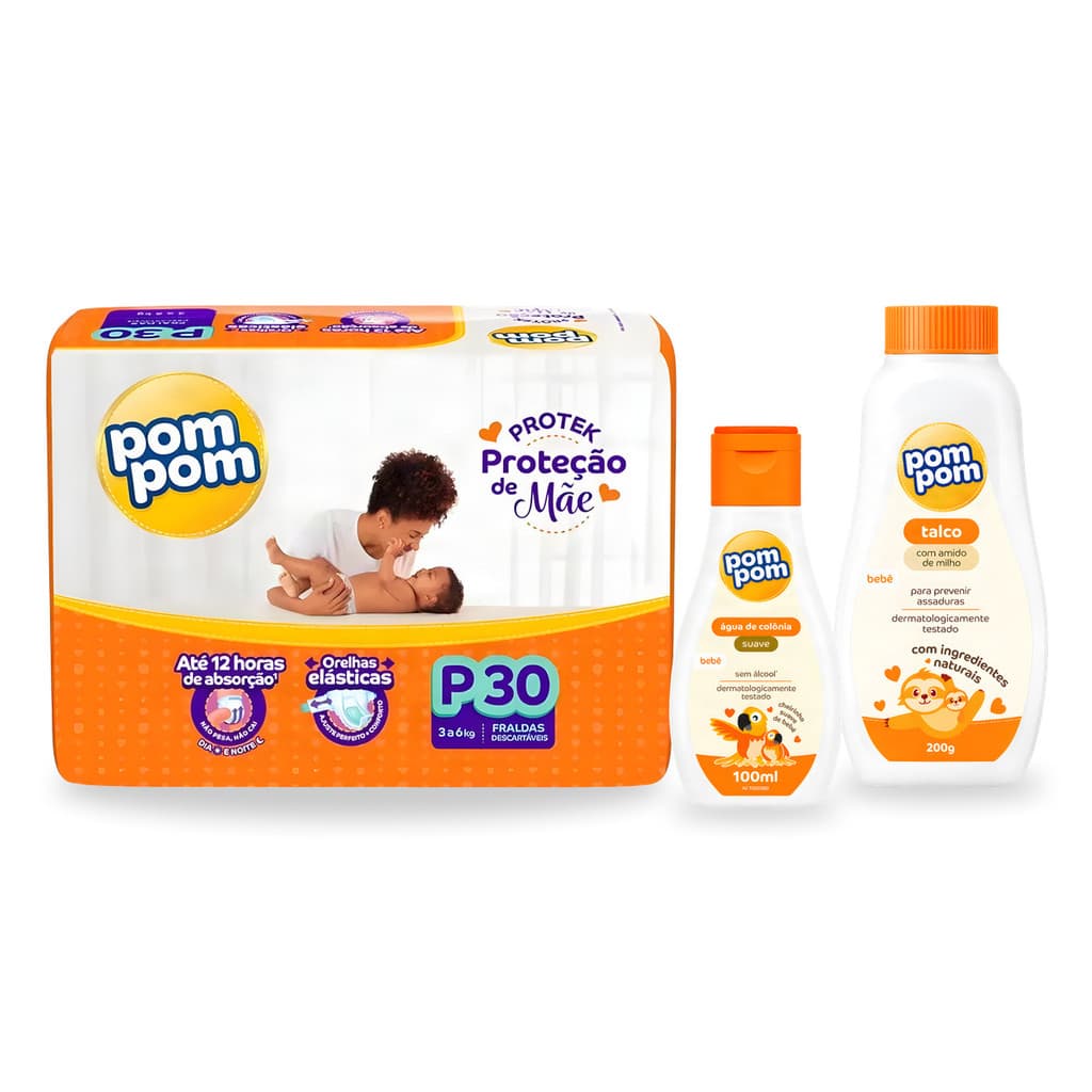 Kit Bebê Fralda Descartável Pom Pom + Talco + Água de Colônia Recém Nascido Enxoval Maternidade