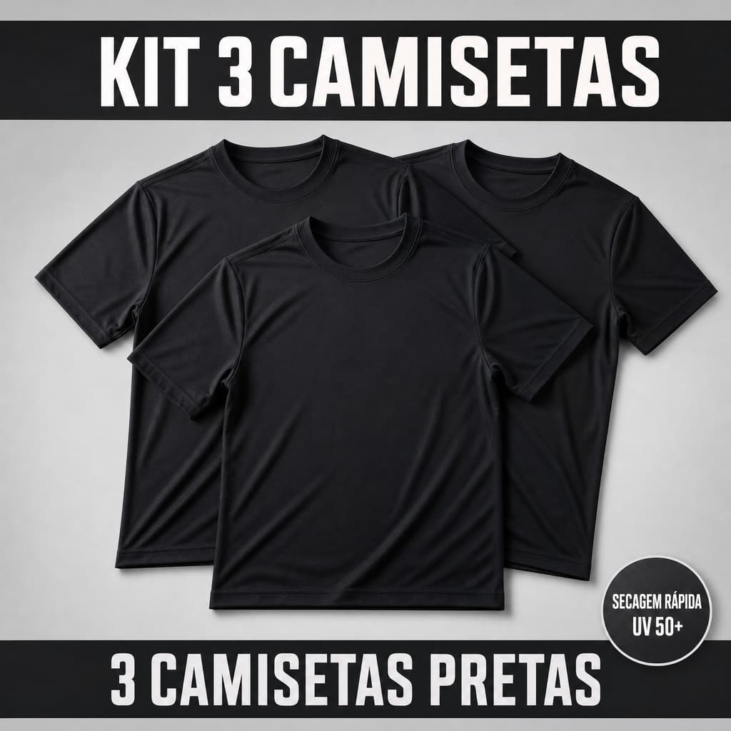 Kit 3 Camisetas Dry Fit Masculina Preta Lisa Unissex Academia Treino Musculação Corrida UV 50+ Anti Suor Odor