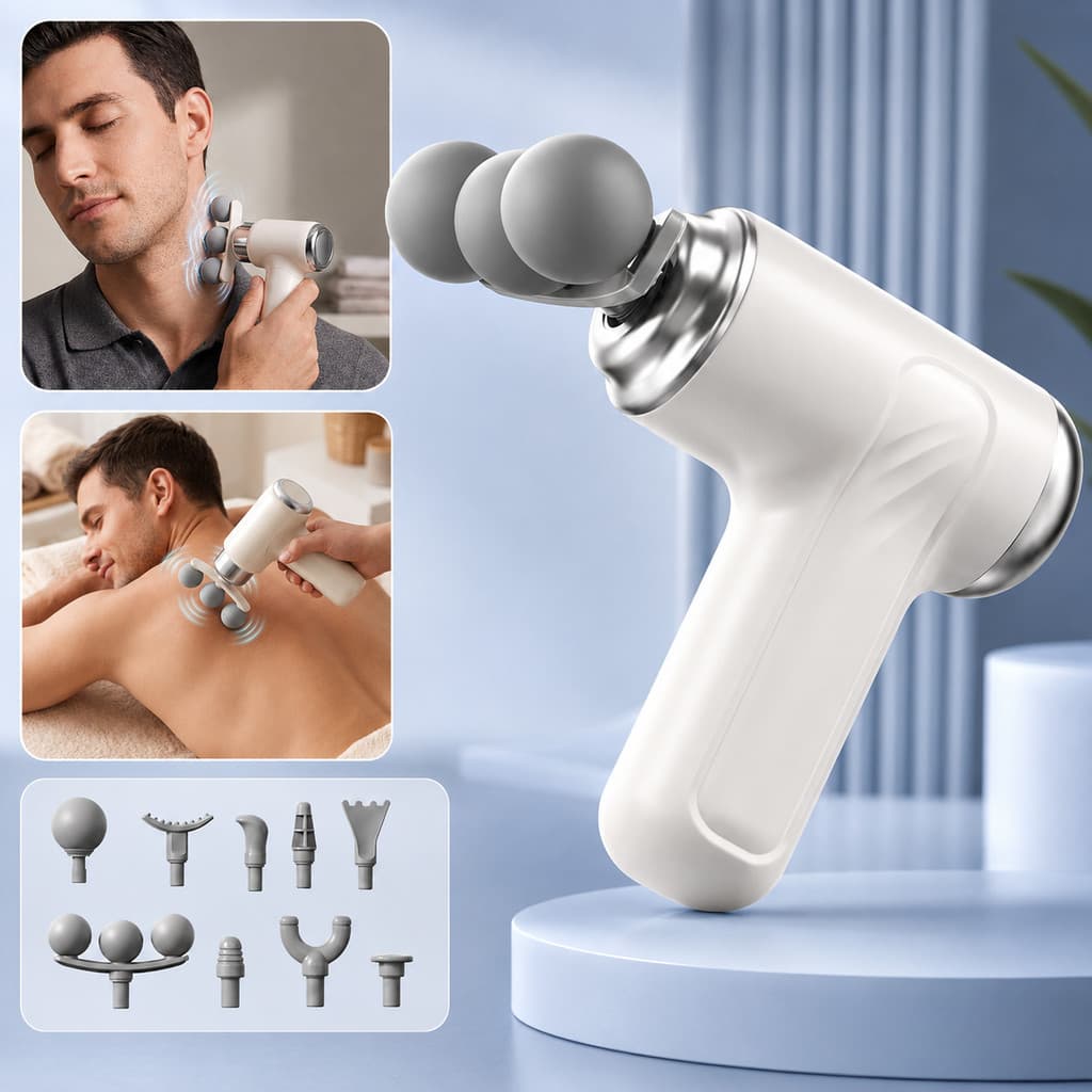 Pistola Massageador Muscular Profissional 25W Recarregável, 9 Cabeças Para Treino e Recuperação