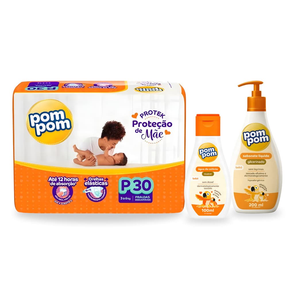 Kit Bebê Fralda Descartável Pom Pom + Sabonete Líquido + Água de Colônia Recém Nascido Enxoval Maternidade
