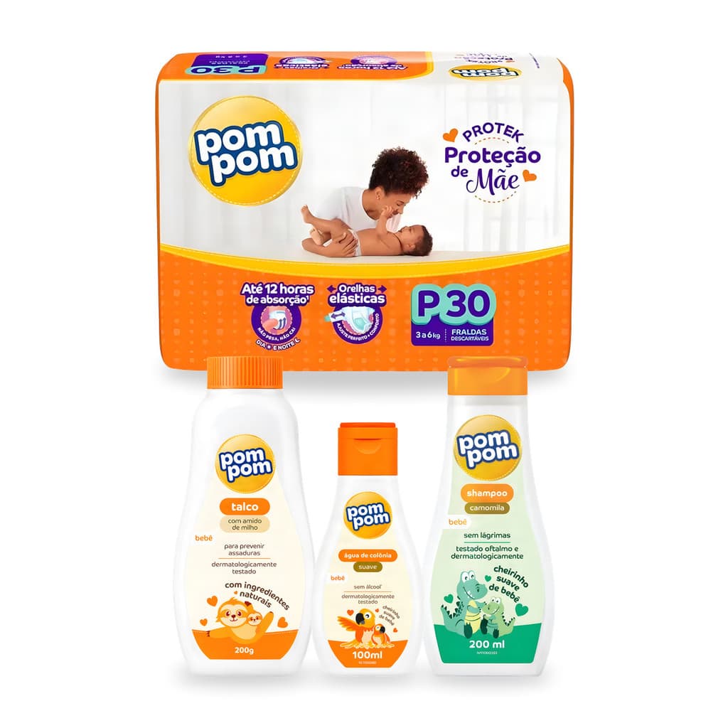 Kit Bebê Fralda Descartável Pom Pom + Talco + Shampoo + Água de Colônia Recém Nascido Enxoval Maternidade
