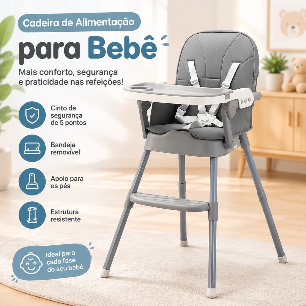 Cadeira de Alimentação Bebê Cadeirão Infantil com Bandeja Removível, Cinto de Segurança e Apoio para os Pés