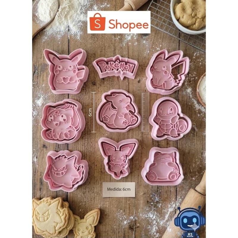 Kit Cortador Pokémon 9 Peças Biscoito Massinha de Modelar Festa