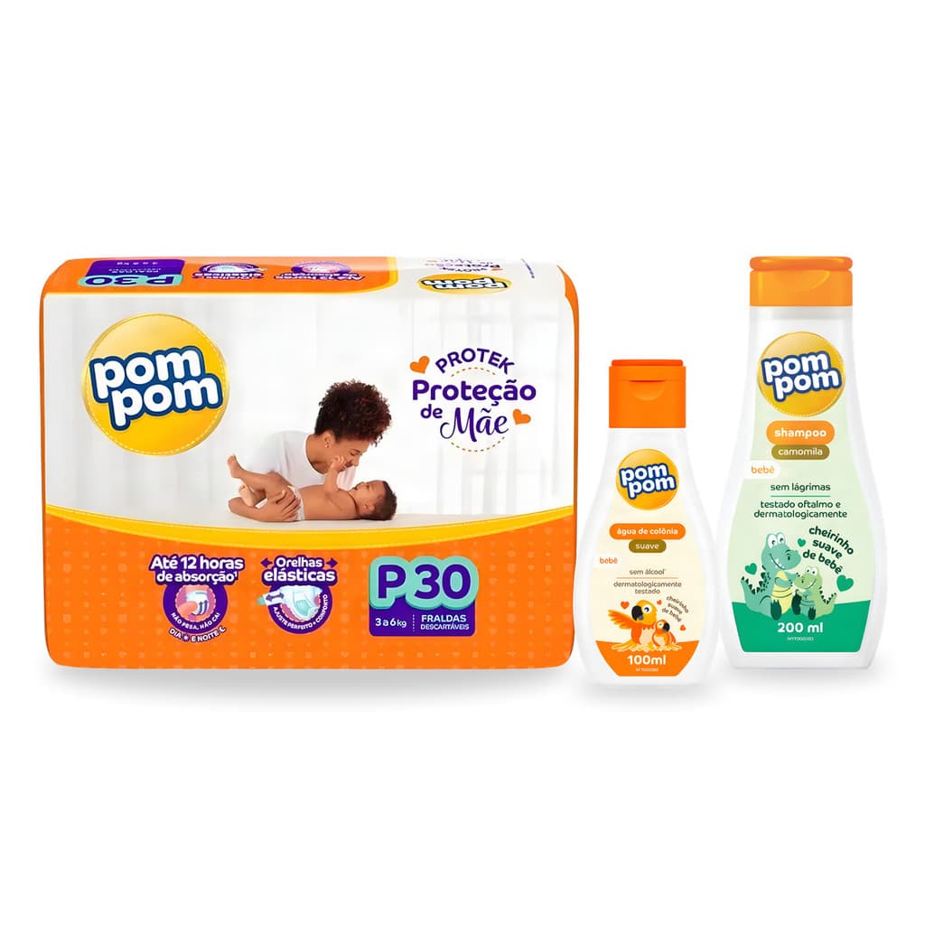 Kit Bebê Fralda Descartável Pom Pom + Shampoo + Água de Colônia Recém Nascido Enxoval Maternidade