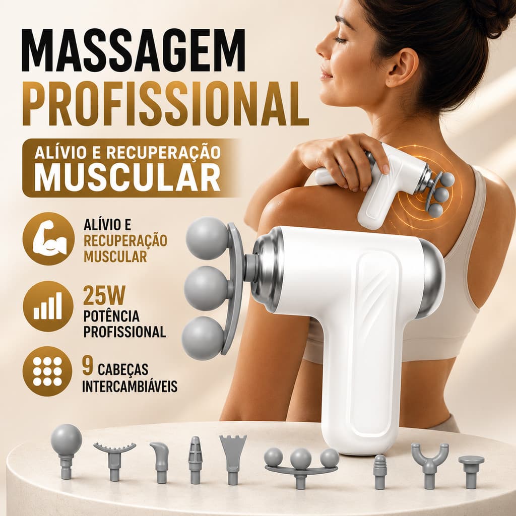 Massageador Profissional Muscular Elétrico Pistola Massageadora 9 Ponteiras 25W Várias Marchas