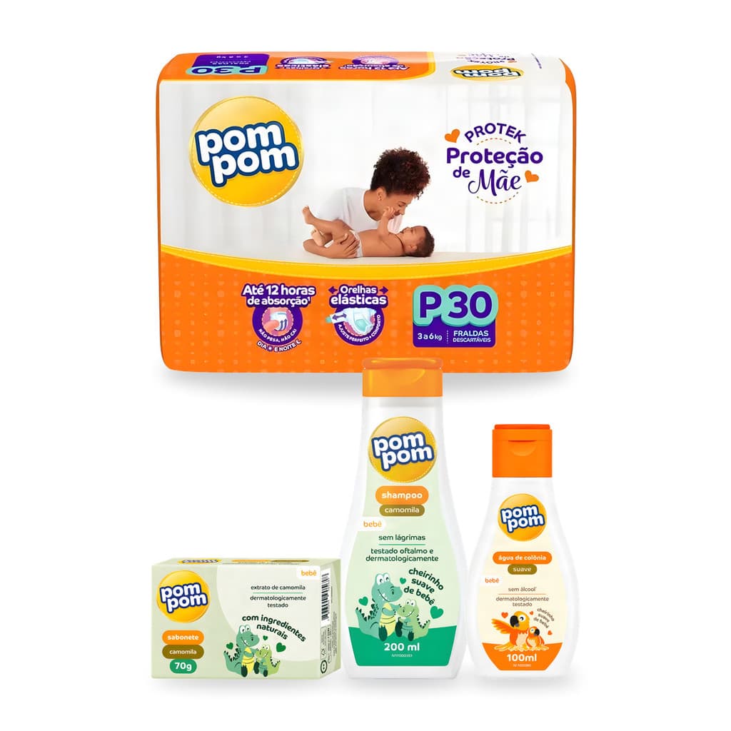 Kit Bebê Fralda Descartável Pom Pom + Sabonete em Barra + Shampoo + Água de Colônia Recém Nascido Enxoval Maternidade
