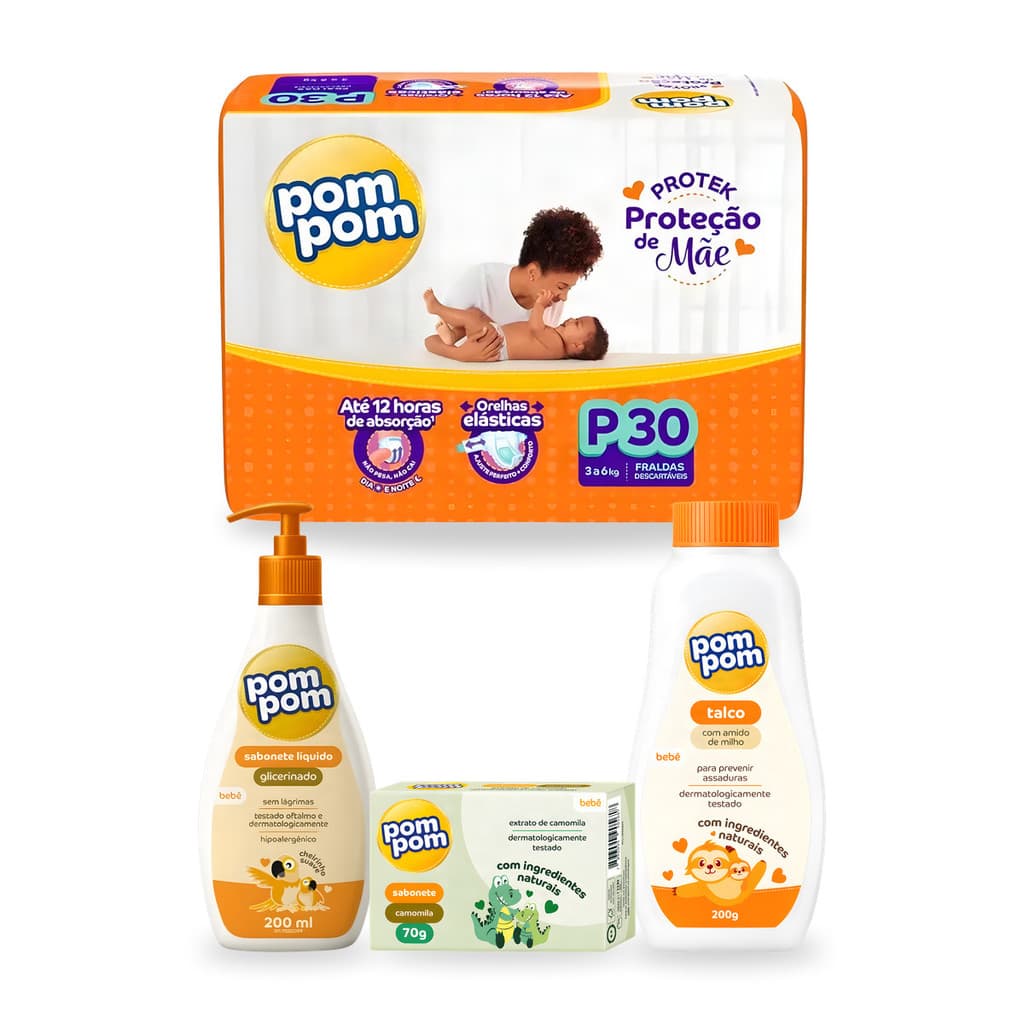Kit Bebê Fralda Descartável Pom Pom + Sabonete em Barra + Sabonete Líquido + Talco Recém Nascido Enxoval Maternidade