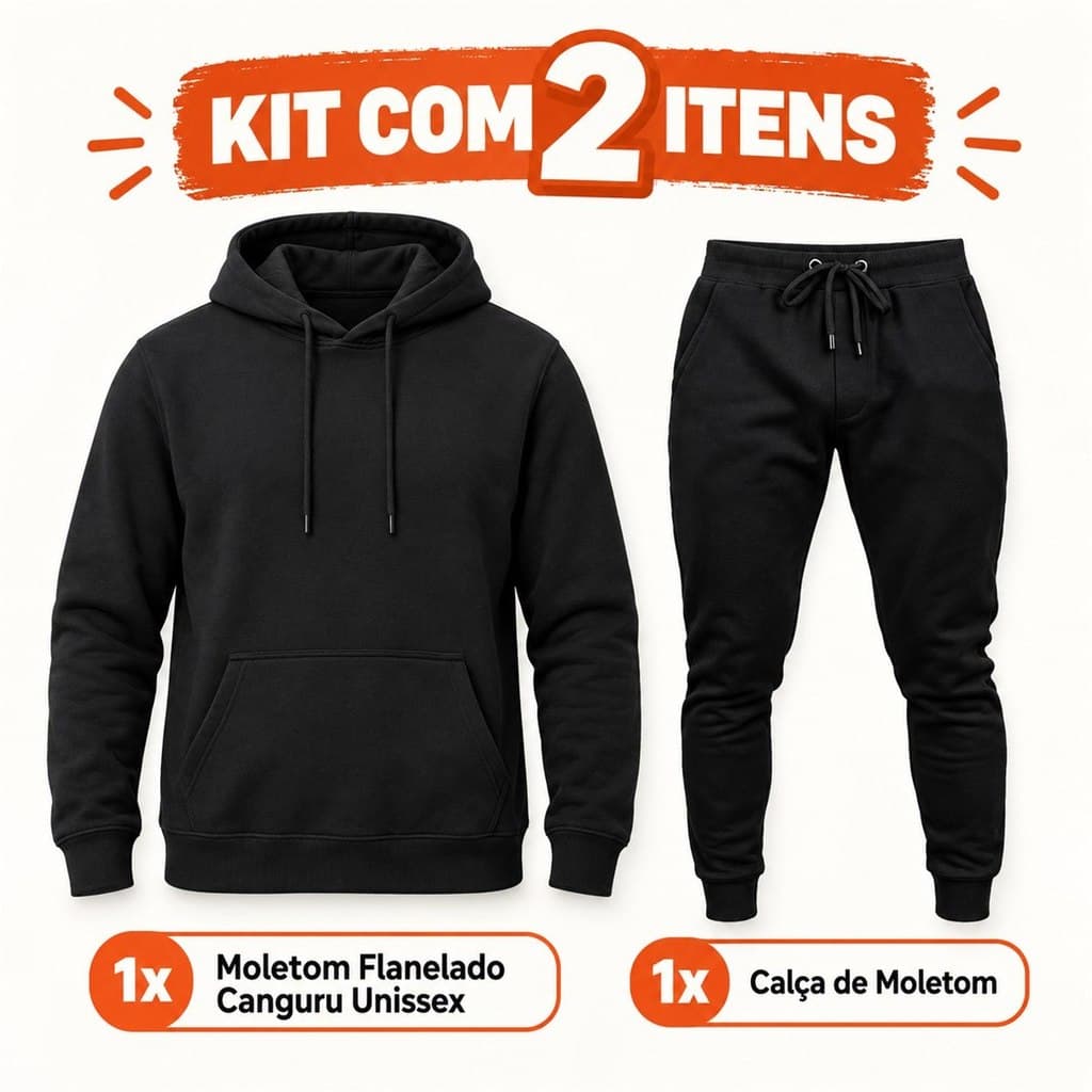 Kit Inverno Moletom Canguru + Calça de Moletom Masculino Feminino Unissex Flanelado Blusa de Frio Conjunto