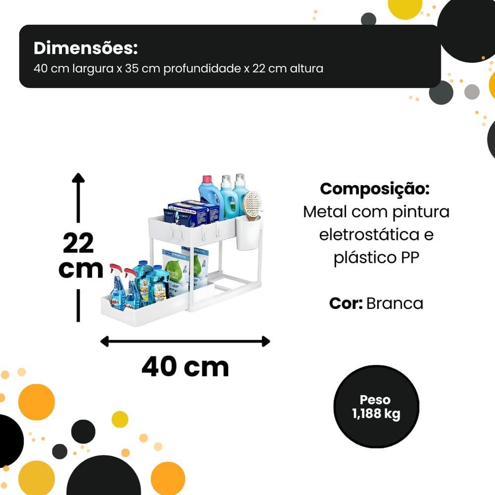Cesto Organizador para Otimizar Espaço em Cozinhas e Banheiros Desliza 2 Andares Branco