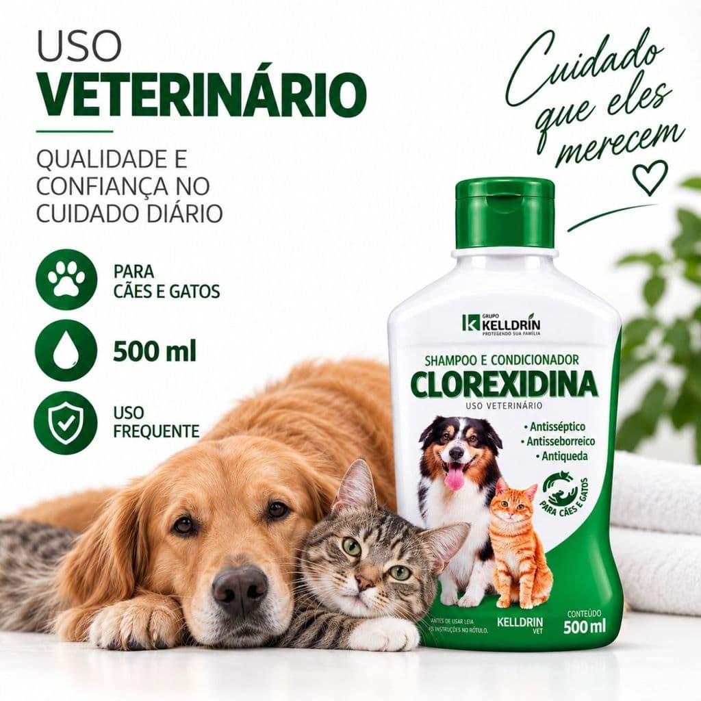 Kit 2 Shampoo Clorexidina Dermatite 5 em 1 500ml para Cães e Gatos Shampoo e Condicionador