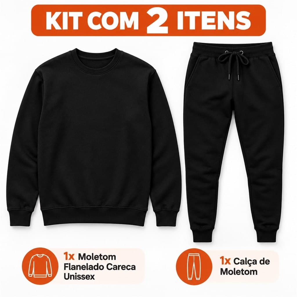 Kit Conjunto de Moletom Careca Gola Redonda + Calça Moletom Unissex Flanelado Blusa de Frio Inverno