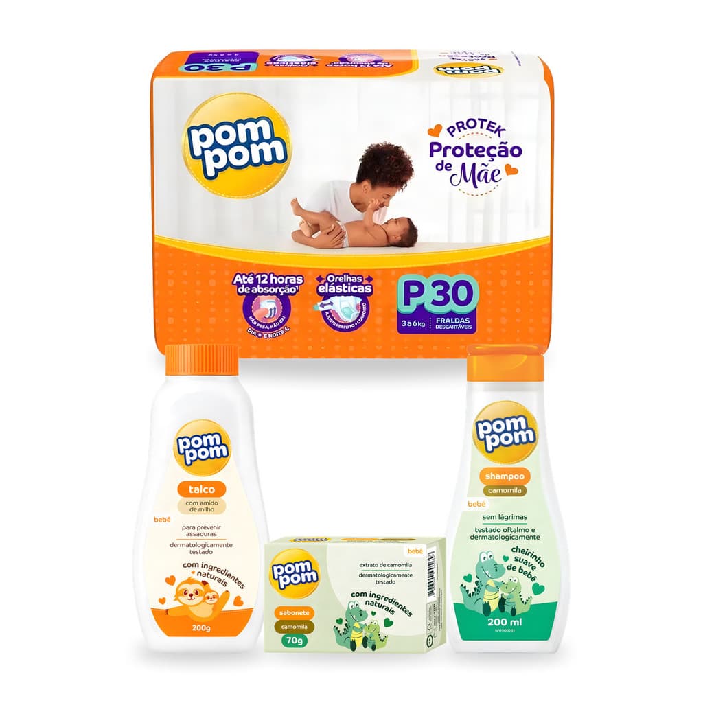 Kit Bebê Fralda Descartável Pom Pom + Sabonete em Barra + Talco + Shampoo Recém Nascido Enxoval Maternidade