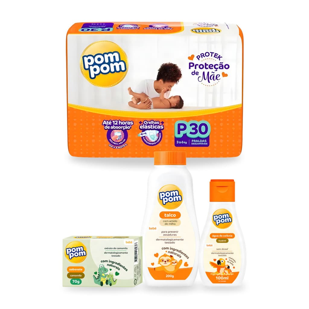 Kit Bebê Fralda Descartável Pom Pom + Sabonete em Barra + Talco + Água de Colônia Recém Nascido Enxoval Maternidade