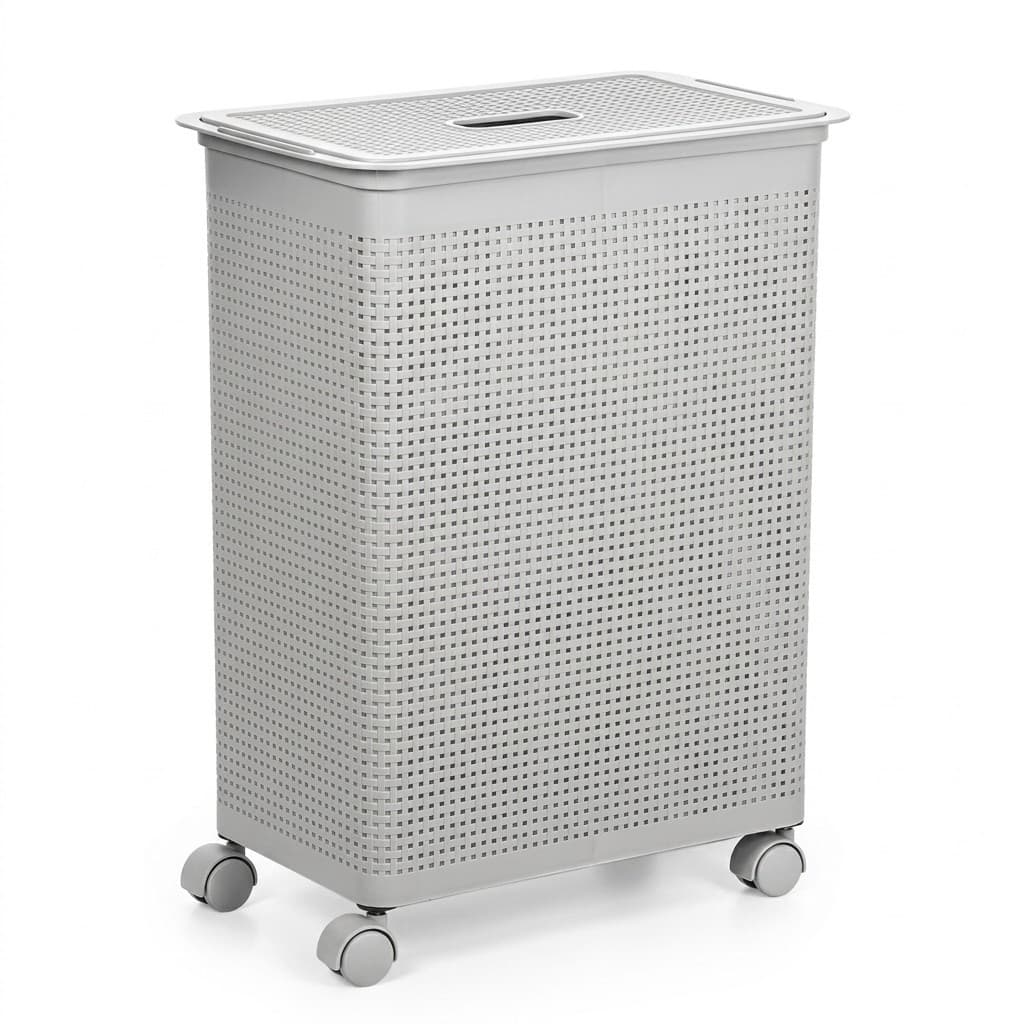 Roupeiro Cesto Organizador Rattan 50 Litros Branco Niquelart Com Tampa e Rodinhas para Banheiro