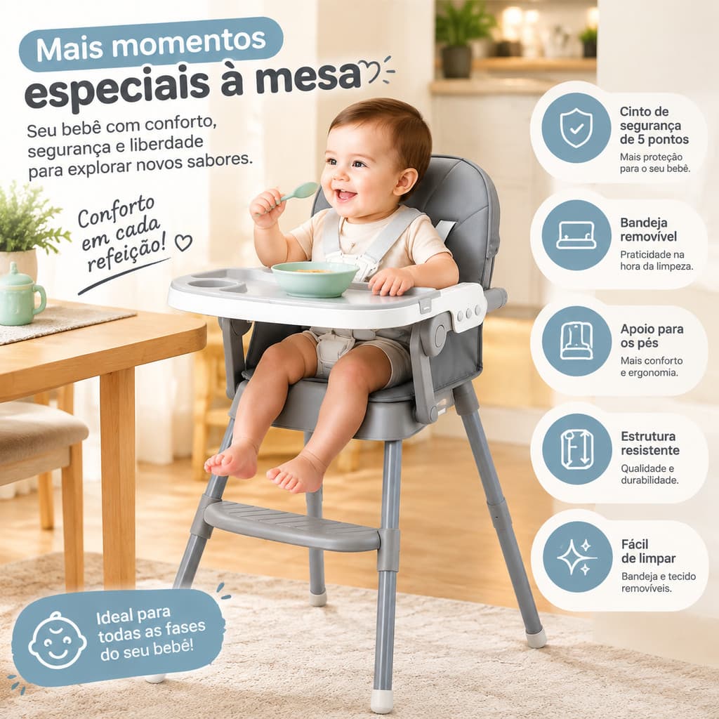 Cadeira Alimentação Bebê Cadeirão Infantil para Refeições com Bandeja Removível, Cinto de Segurança e Apoio para os Pés