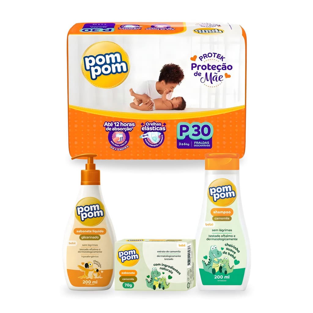 Kit Bebê Fralda Descartável Pom Pom + Sabonete em Barra + Sabonete Líquido + Shampoo Recém Nascido Enxoval Maternidade