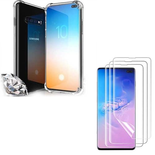 Para o Samsung Galaxy S10 Plus 1x Capa + 2 x Película Gel (Anti impacto queda shock choque proteção protetora air bag silicone TPU reforçada incolor transparente celular aparelho borda capinhas capa capinha case)