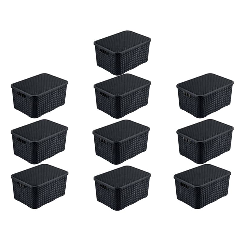 Kit 10 Caixas Organizadora Rattan 7 Litros C/ Tampa Preta Organizador Multiuso para Cozinha Banheiro Quarto Escritorio