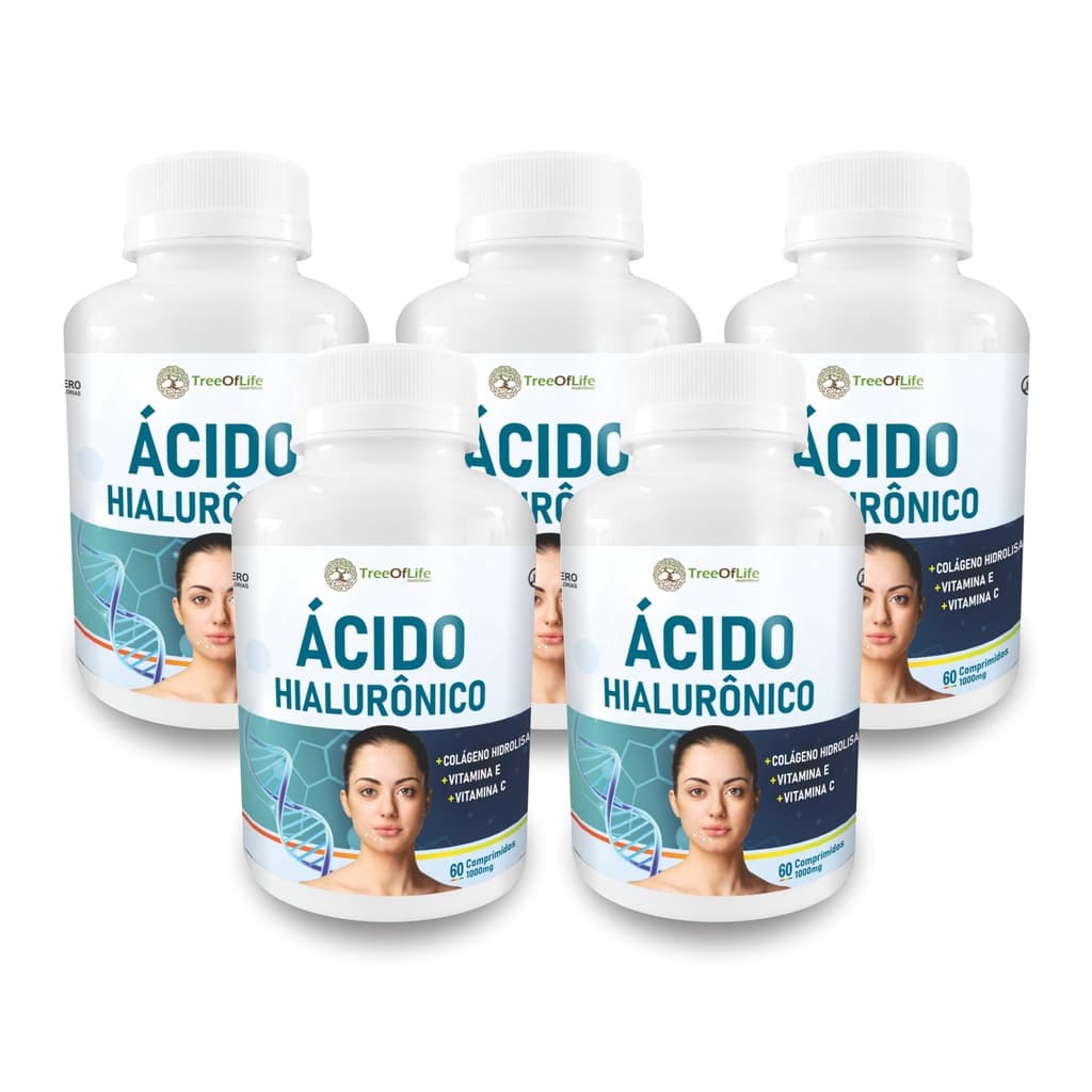 Kit 5x Ácido Hialurônico + Colágeno + Vitamina E + Vitamina C 60 Comprimidos 1000mg