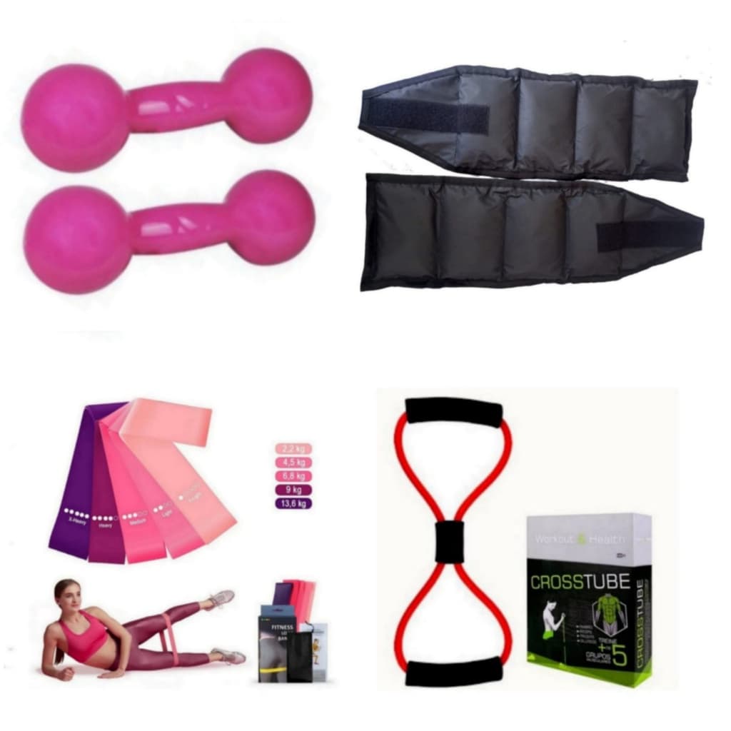 Kit Treino Funcional Completo Par Halter 2 Kg + Par Caneleira 2 Kg + Kit Theraband + Elástico Multifuncional
