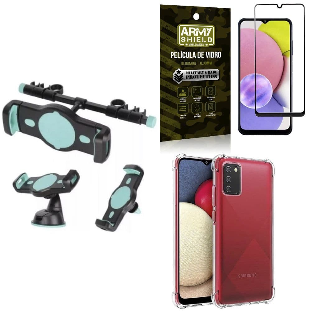 Capinha Samsung A03S + Suporte Veicular 3 em 1 + Película 3D